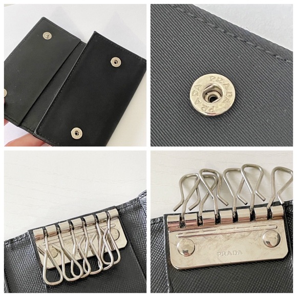 Prada black Tessuto nylon triangle logo saffiano leather key case - Picture 6 of 11